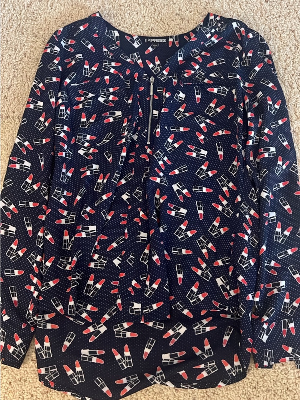 Express Navy Blouse with Red and White Lipstick Print